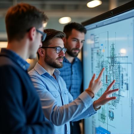 Inżynierowie CogsForge dyskutujący przy dużym monitorze z projektem 3D