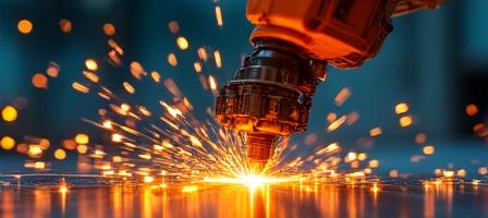 Zbliżenie na iskrzące spawanie laserowe ramienia robota